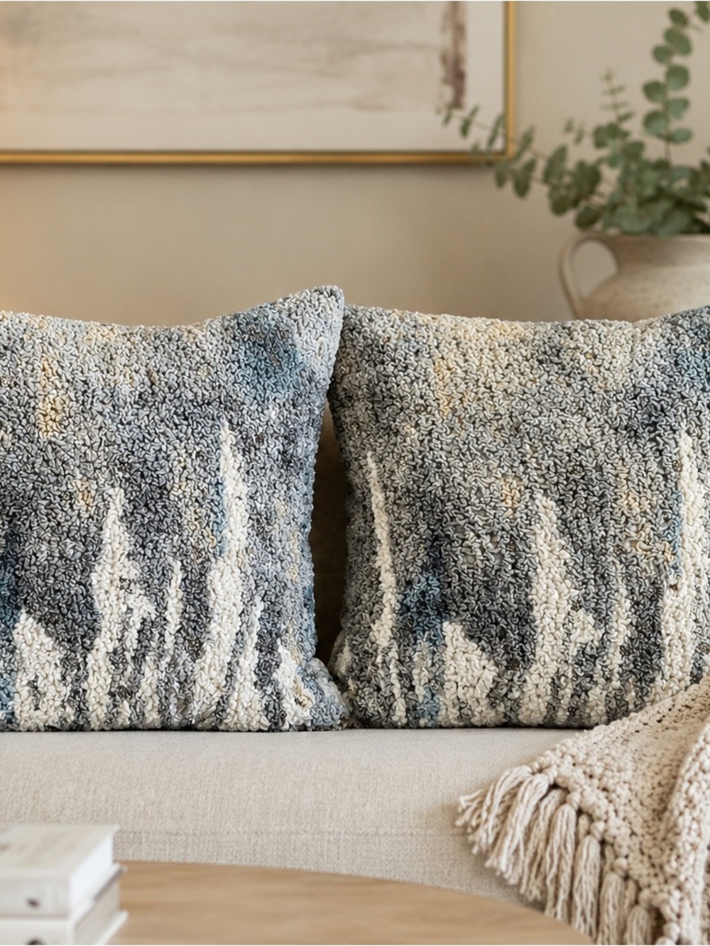 Set of 2 Textured Blue & Cream Throw Pillow Covers . Inserts not included!